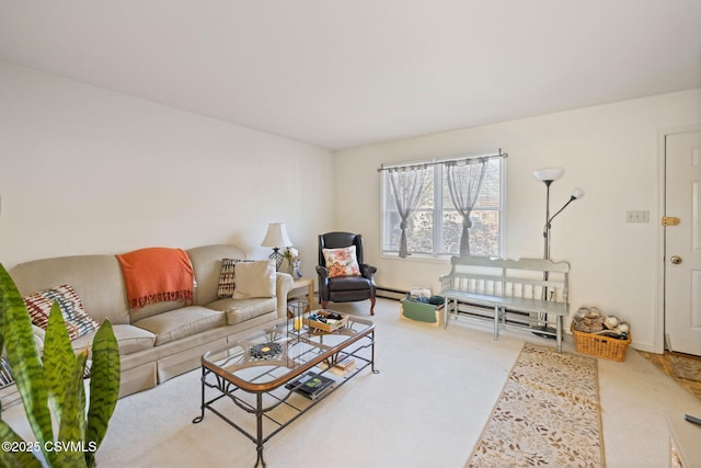 carpeted living room with a baseboard radiator