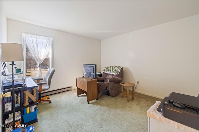 home office featuring a baseboard heating unit and carpet