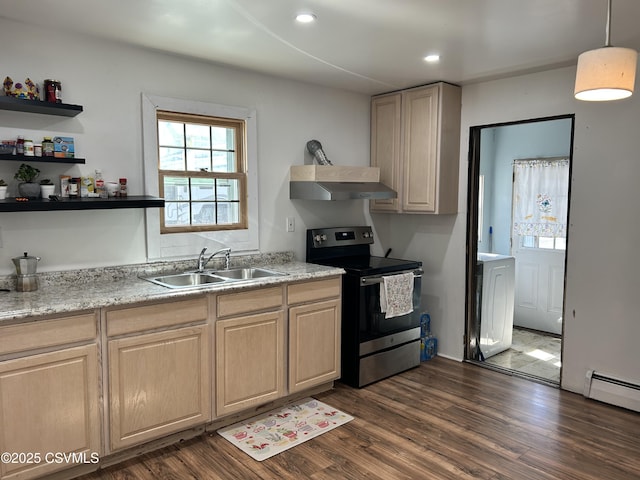 kitchen featuring stainless steel electric range oven, light brown cabinets, a sink, extractor fan, and dark wood-type flooring