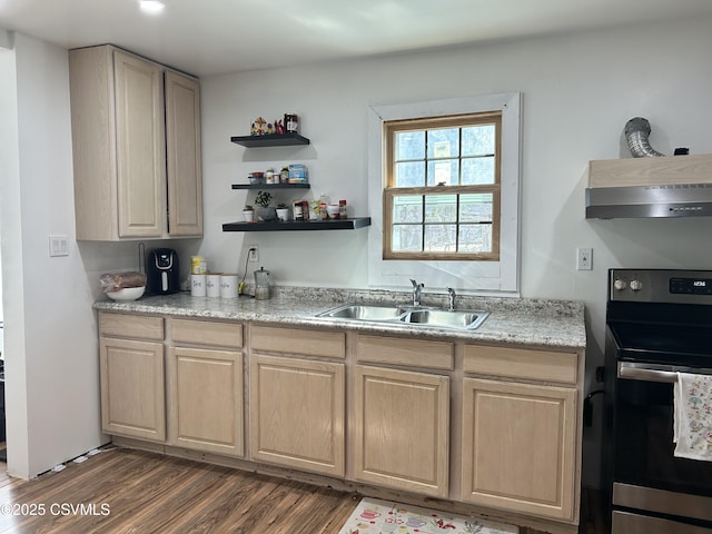 kitchen with stainless steel electric range oven, light brown cabinetry, a sink, dark wood-type flooring, and wall chimney range hood