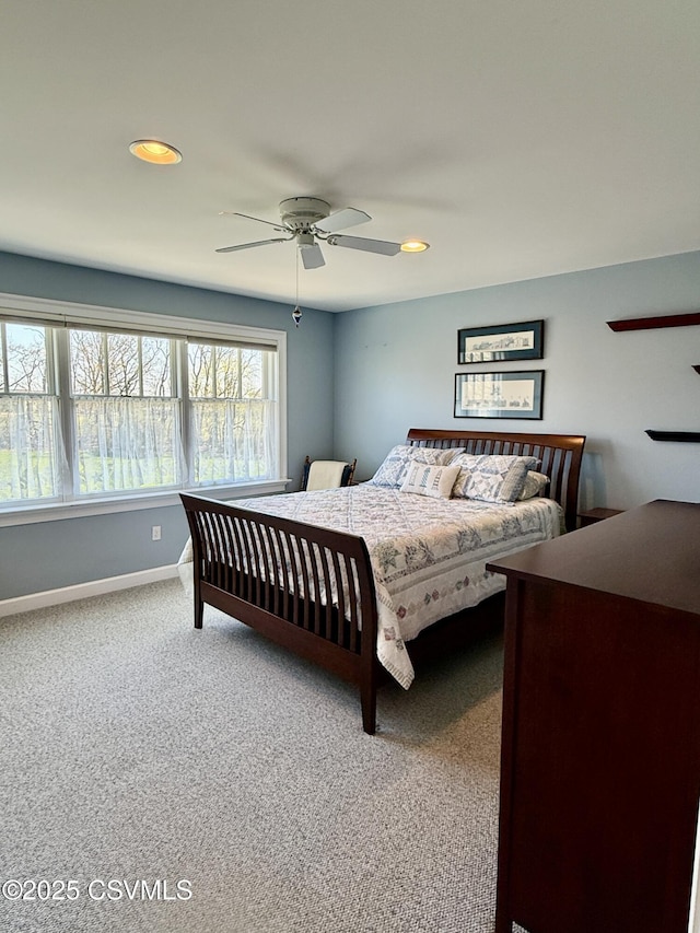 bedroom featuring carpet floors, baseboards, recessed lighting, and a ceiling fan