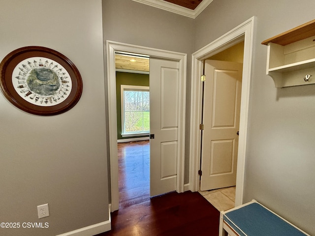 corridor featuring wood finished floors, baseboards, and ornamental molding