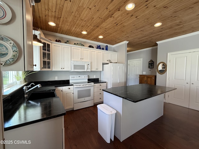 kitchen with a sink, white appliances, a center island, dark countertops, and wooden ceiling