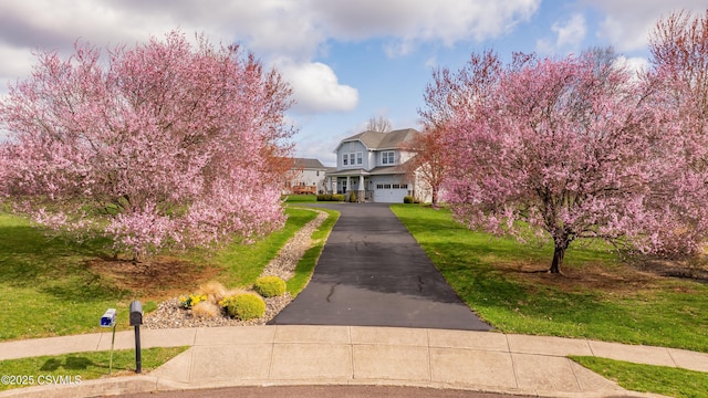 obstructed view of property featuring aphalt driveway, a front yard, and a garage