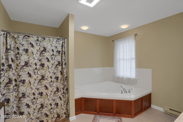 bathroom featuring baseboards, curtained shower, a baseboard radiator, tile patterned floors, and a garden tub
