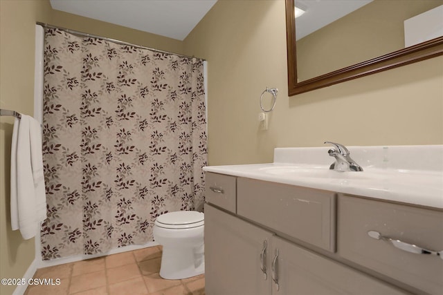 full bathroom with a shower with shower curtain, tile patterned floors, vanity, and toilet