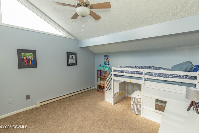 bedroom with a textured ceiling, light colored carpet, a ceiling fan, vaulted ceiling, and a baseboard heating unit