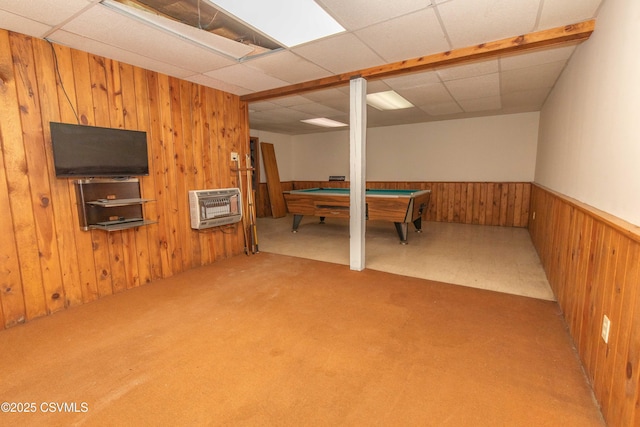 recreation room with heating unit, wooden walls, billiards, wainscoting, and a drop ceiling