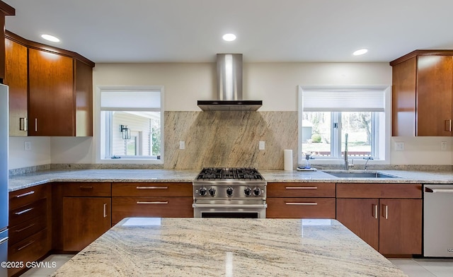 87 Lindsey Ave, Danville, PA 17821 - kitchen featuring a sink, appliances with stainless steel finishes, wall chimney exhaust hood, and a healthy amount of sunlight