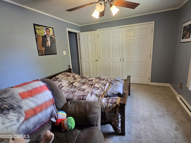 444 Frederick Dr, Watsontown, PA 17777 - bedroom with crown molding, ceiling fan, carpet, baseboards, and a baseboard heating unit