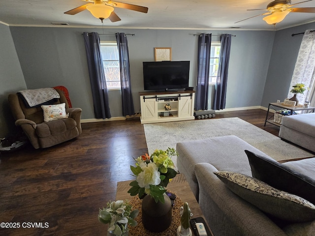 444 Frederick Dr, Watsontown, PA 17777 - living room featuring plenty of natural light, baseboards, ceiling fan, and crown molding