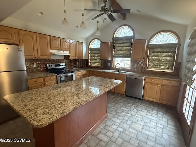 73 Seneca Dr, Shickshinny, PA 18655 - kitchen with a sink, decorative backsplash, appliances with stainless steel finishes, under cabinet range hood, and light stone countertops