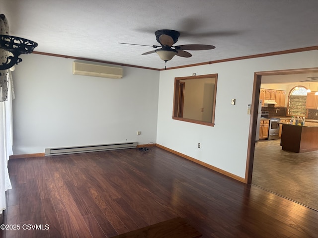 73 Seneca Dr, Shickshinny, PA 18655 - unfurnished living room featuring a wall mounted air conditioner, a baseboard radiator, wood finished floors, ceiling fan, and baseboards