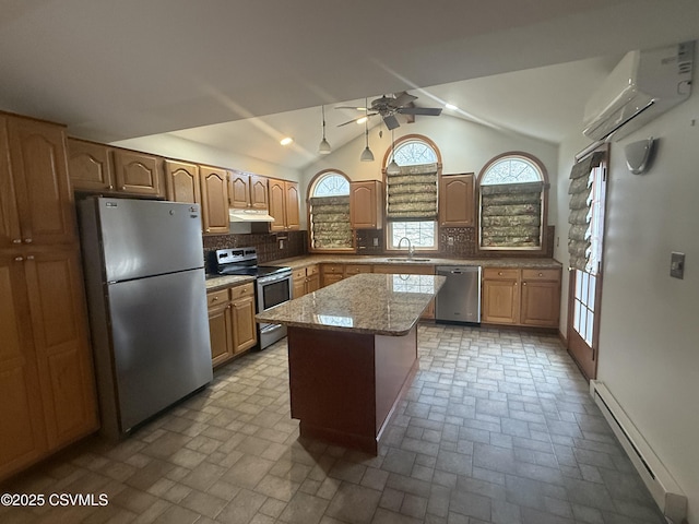 73 Seneca Dr, Shickshinny, PA 18655 - kitchen featuring a baseboard heating unit, stainless steel appliances, a wall unit AC, a ceiling fan, and under cabinet range hood