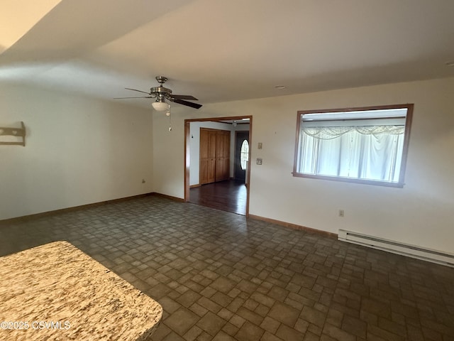 73 Seneca Dr, Shickshinny, PA 18655 - spare room with a baseboard heating unit, baseboards, a ceiling fan, and brick patterned floor