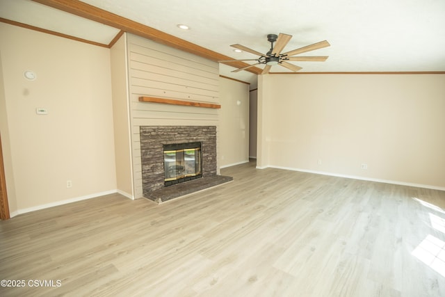 unfurnished living room with baseboards, ornamental molding, ceiling fan, and recessed lighting