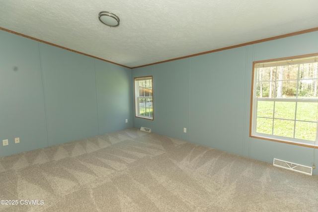 carpeted spare room featuring visible vents, ornamental molding, and a decorative wall