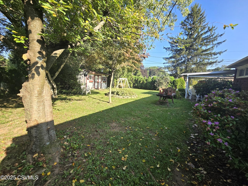 view of yard featuring an outdoor structure and a storage shed