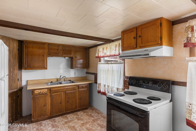 1205 N River Ave, Sunbury, PA 17801 - kitchen featuring electric range, under cabinet range hood, a sink, brown cabinets, and light countertops