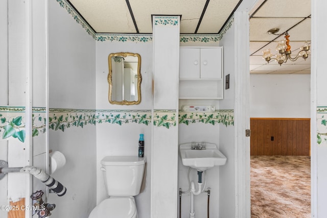 1205 N River Ave, Sunbury, PA 17801 - half bathroom with wainscoting, a paneled ceiling, toilet, wooden walls, and a sink