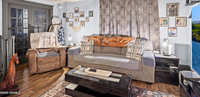 living room featuring wood finished floors and french doors