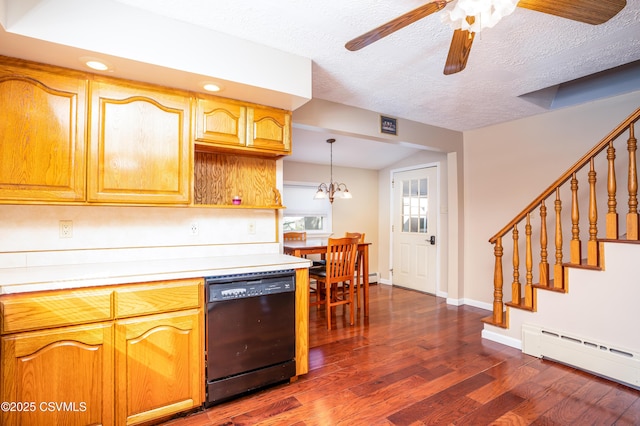 kitchen with light countertops, ceiling fan with notable chandelier, black dishwasher, a baseboard radiator, and dark wood-style floors