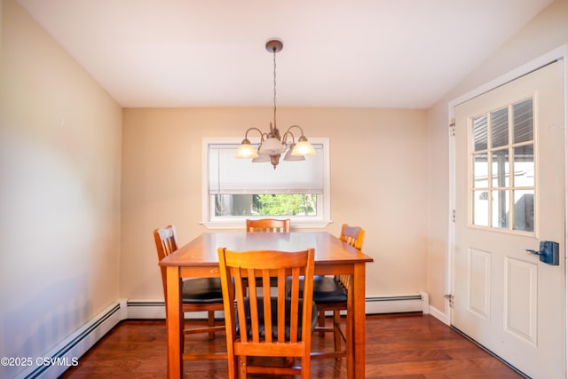 dining area with an inviting chandelier, a baseboard radiator, and wood finished floors