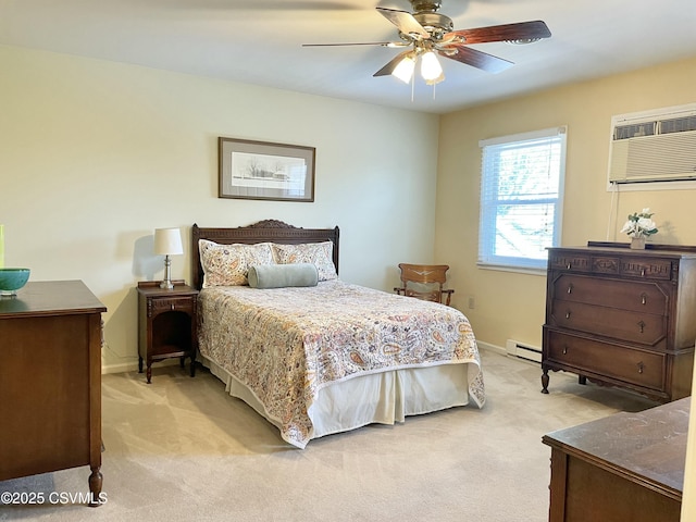 bedroom featuring light carpet, baseboards, a wall mounted air conditioner, baseboard heating, and a ceiling fan