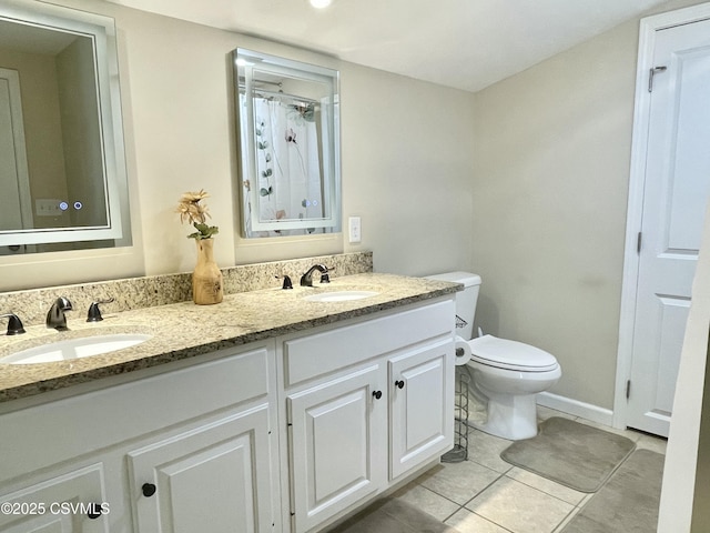full bath featuring tile patterned flooring, a sink, double vanity, and toilet