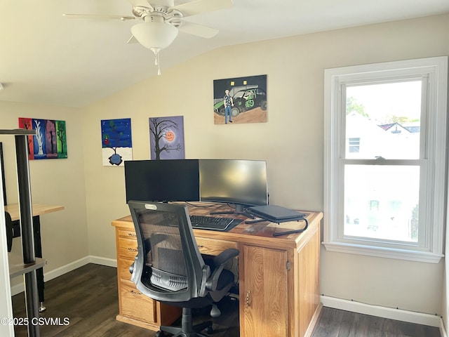 home office with dark wood-style flooring, baseboards, vaulted ceiling, and plenty of natural light
