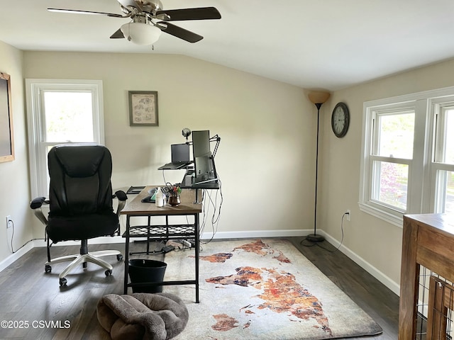office space featuring baseboards, a ceiling fan, wood finished floors, and vaulted ceiling