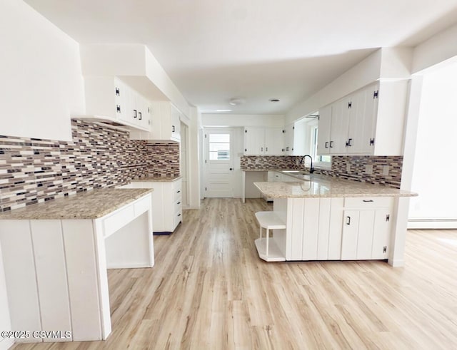 125 Knights Dr, Bloomsburg, PA 17815 - kitchen featuring open shelves, a peninsula, white cabinetry, light wood-type flooring, and backsplash