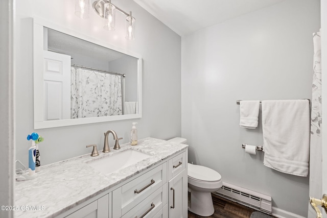 31 Holly Ct, Danville, PA 17821 - bathroom featuring toilet, a shower with curtain, wood finished floors, vanity, and a baseboard radiator