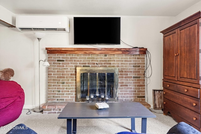 31 Holly Ct, Danville, PA 17821 - carpeted living area with a brick fireplace and a wall unit AC