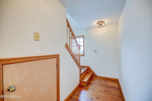 staircase with baseboards and wood-type flooring