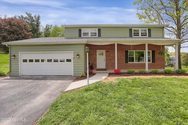 92 Valley View Rd, Lewisburg, PA 17837 - traditional-style house with an attached garage, brick siding, a front yard, and aphalt driveway