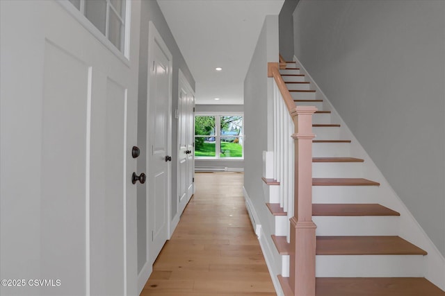 92 Valley View Rd, Lewisburg, PA 17837 - stairs with recessed lighting, baseboard heating, and wood finished floors