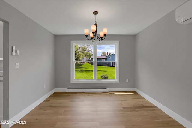 92 Valley View Rd, Lewisburg, PA 17837 - unfurnished dining area with a baseboard radiator, a wall mounted AC, baseboards, a chandelier, and light wood-type flooring
