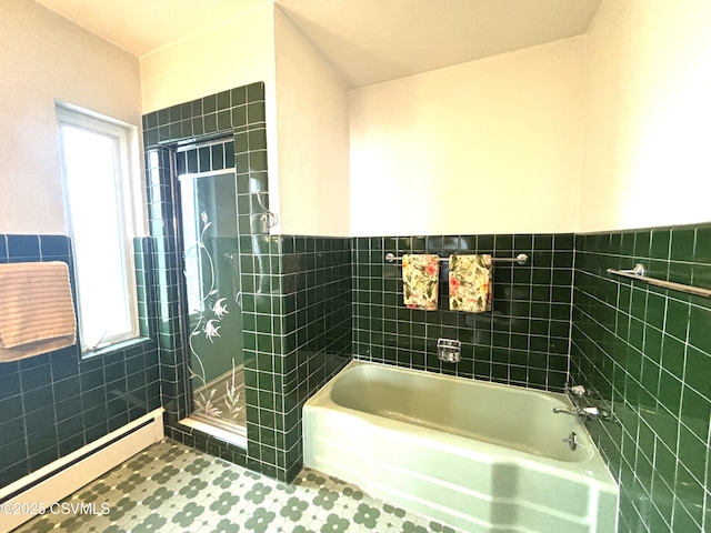 735 E 3rd St, Bloomsburg, PA 17815 - full bathroom with a baseboard radiator, tile walls, a bath, a stall shower, and a wainscoted wall