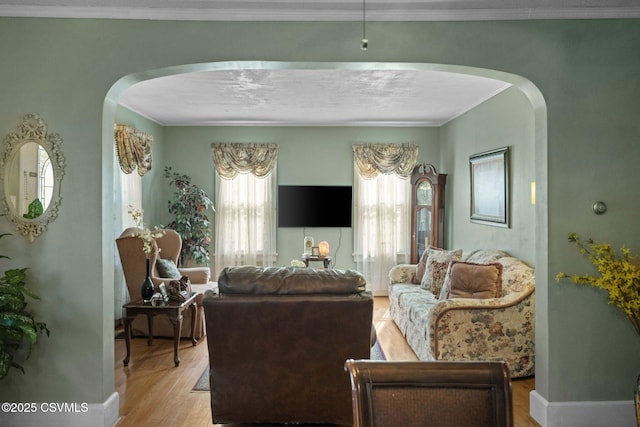 341 Dewart St, Danville, PA 17821 - living room with arched walkways, wood finished floors, crown molding, and baseboards