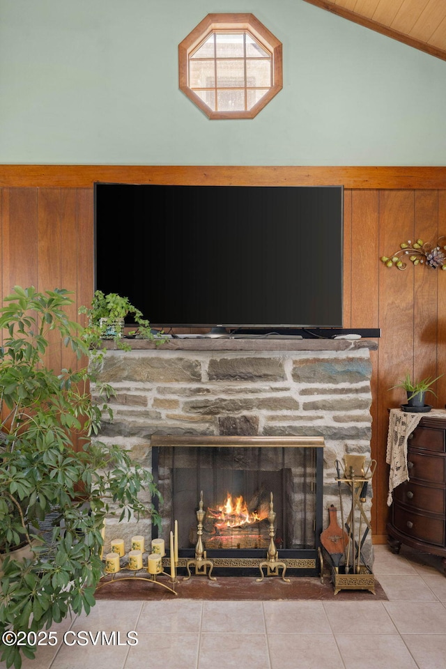 341 Dewart St, Danville, PA 17821 - detailed view of a stone fireplace and wooden walls