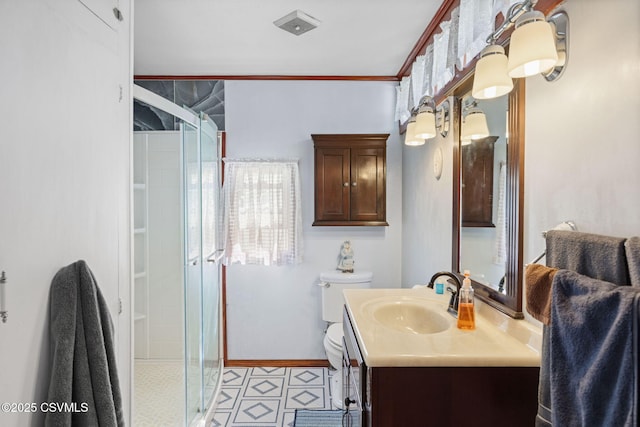 341 Dewart St, Danville, PA 17821 - bathroom featuring a stall shower, vanity, toilet, baseboards, and crown molding