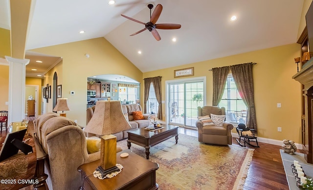 357 Lick Run Rd, Bloomsburg, PA 17815 - living area featuring a ceiling fan, arched walkways, wood finished floors, recessed lighting, and baseboards