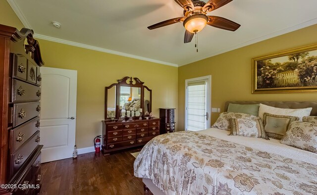 357 Lick Run Rd, Bloomsburg, PA 17815 - bedroom featuring ornamental molding, dark wood-style floors, baseboards, and a ceiling fan