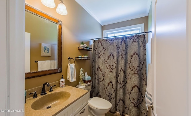 357 Lick Run Rd, Bloomsburg, PA 17815 - bathroom with crown molding, toilet, vanity, and curtained shower