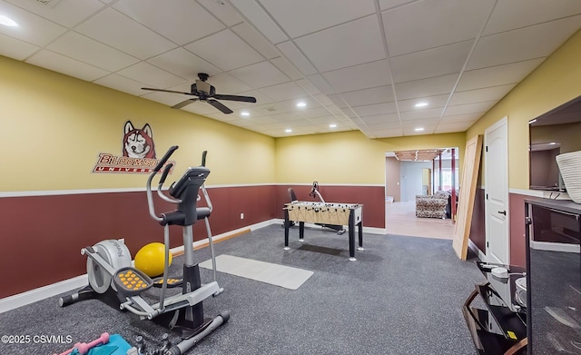 357 Lick Run Rd, Bloomsburg, PA 17815 - exercise room with ceiling fan, a paneled ceiling, recessed lighting, and baseboards