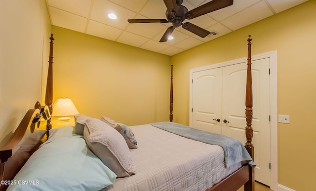 357 Lick Run Rd, Bloomsburg, PA 17815 - bedroom with a paneled ceiling, baseboards, a closet, and ceiling fan