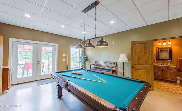 357 Lick Run Rd, Bloomsburg, PA 17815 - game room with french doors, billiards, a paneled ceiling, and a sink