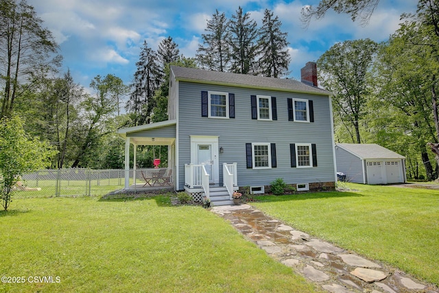 120 Geise St, Sunbury, PA 17801 - view of front of home featuring a chimney, a detached garage, and an outbuilding