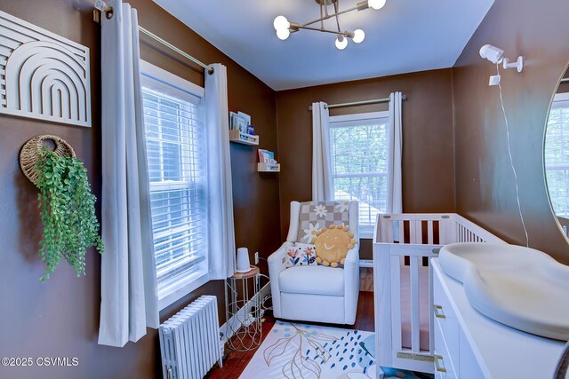 120 Geise St, Sunbury, PA 17801 - bedroom with radiator, multiple windows, a chandelier, and wood finished floors